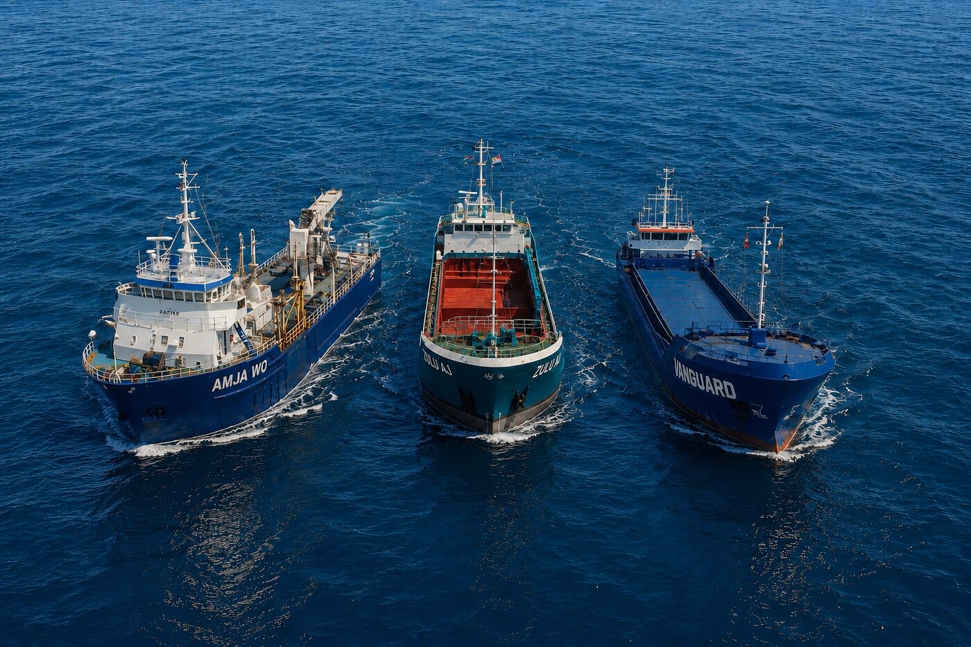 AMJA WO, ZULU AJ, and Vanguard I vessels underway at sea
